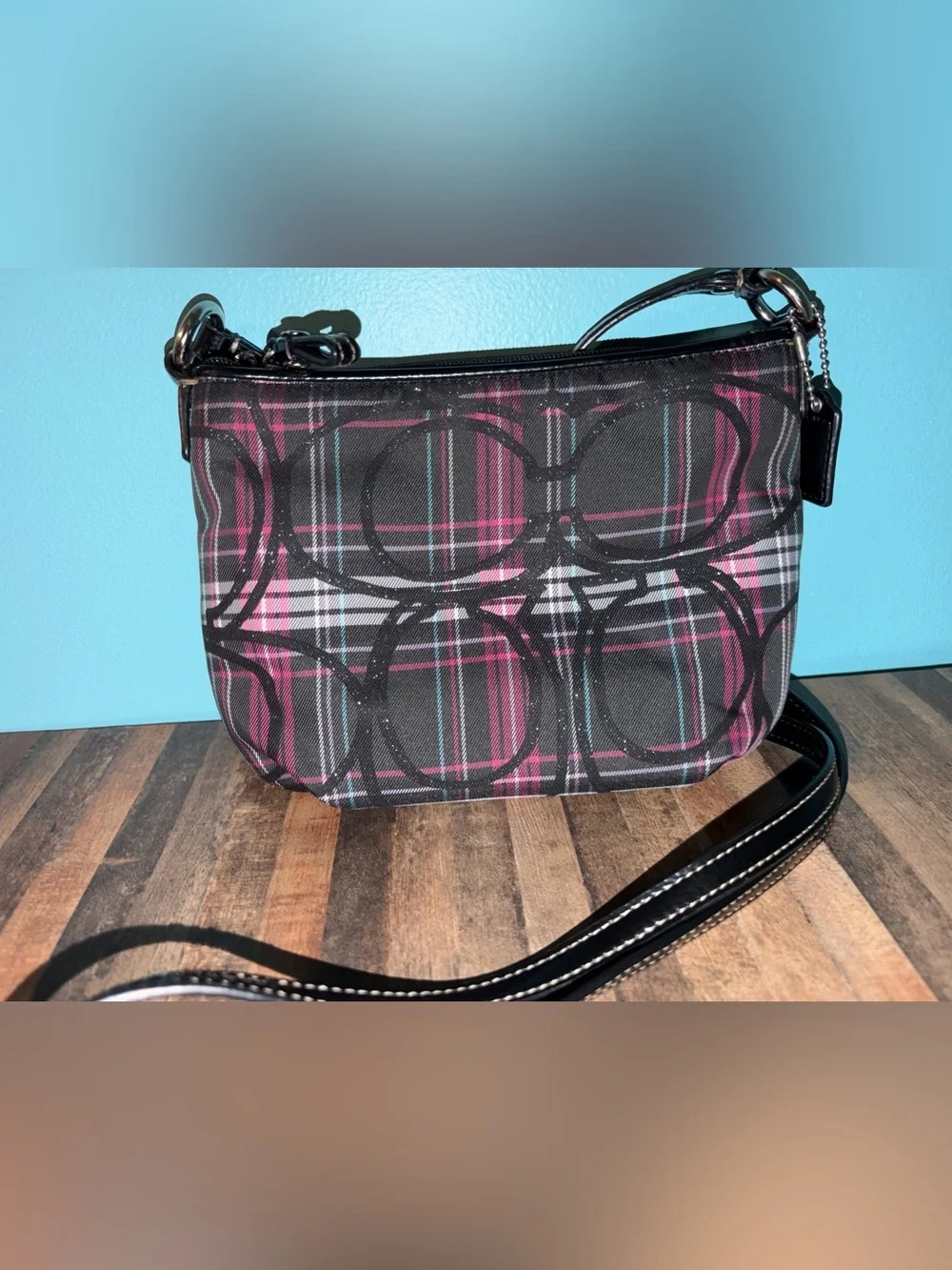 Coach Poppy Tartan Black Plaid Mini Crossbody with Pink & Teal Accents